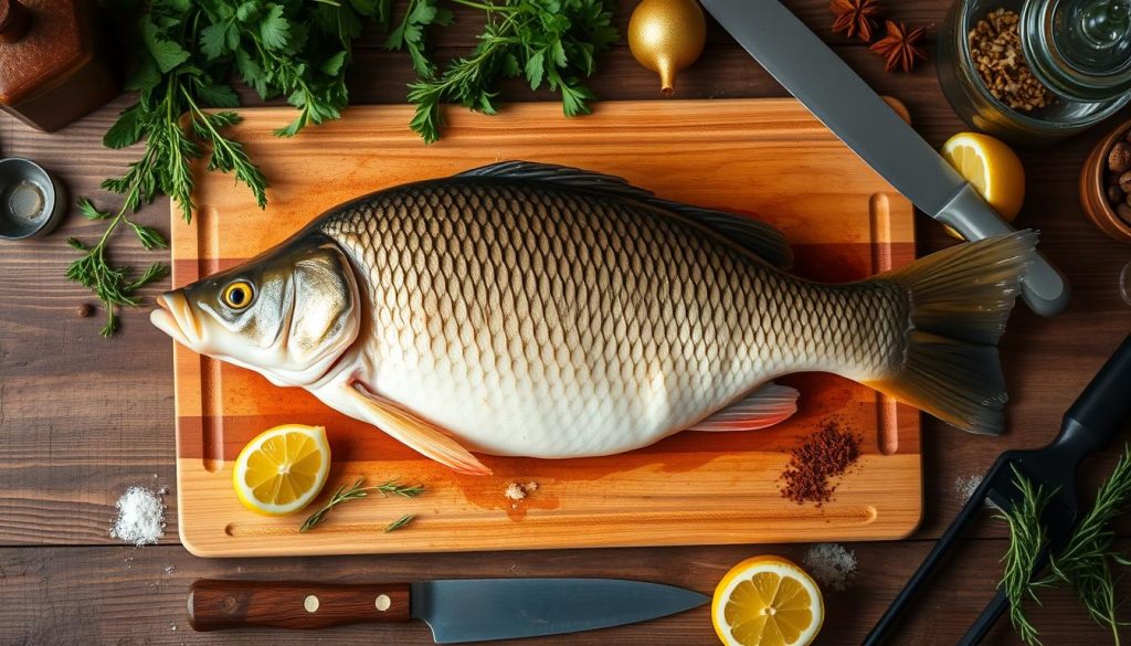 A step-by-step visual guide for preparing carp, showcasing the cooking process from start to finish. The scene depicts a large, fresh carp placed on a wooden cutting board, surrounded by various kitchen utensils and ingredients, such as herbs, lemon slices, and spices. The lighting is natural and warm, creating a cozy, home-cooked atmosphere. The camera angle provides a bird's-eye view, allowing the viewer to clearly observe the preparation stages. The overall composition is balanced and visually appealing, reflecting the "7fishing.com.ua" brand. This image will seamlessly complement the article's "Stepwise visual guide and photo collection" section, providing a comprehensive visual reference for the reader.