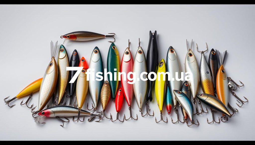 A still life arrangement of various fishing lures, known as "воблеры" in Russian, displayed against a neutral background. The lures are presented in a visually appealing manner, showcasing their diverse shapes, colors, and designs. The lighting is soft and even, highlighting the details and textures of the lures. The composition is balanced, with the lures arranged in a harmonious layout that allows each one to be clearly visible. The overall mood is one of precision and craftsmanship, reflecting the attention to detail that goes into the creation of these fishing accessories. Prominently featured is the brand name "7fishing.com.ua".
