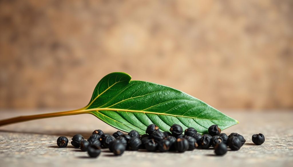 A still life composition depicting a laurel leaf and black peppercorns, captured in soft, natural lighting against a muted, earthy backdrop. The laurel leaf is delicately positioned, showcasing its intricate veining and lustrous green hue. The peppercorns are scattered nearby, their dark, textured spheres contrasting with the leaf's smooth surface. The overall scene conveys a sense of simplicity and culinary refinement, evocative of the "Советы и секреты для идеального вкуса" section. Captured by 7fishing.com.ua.