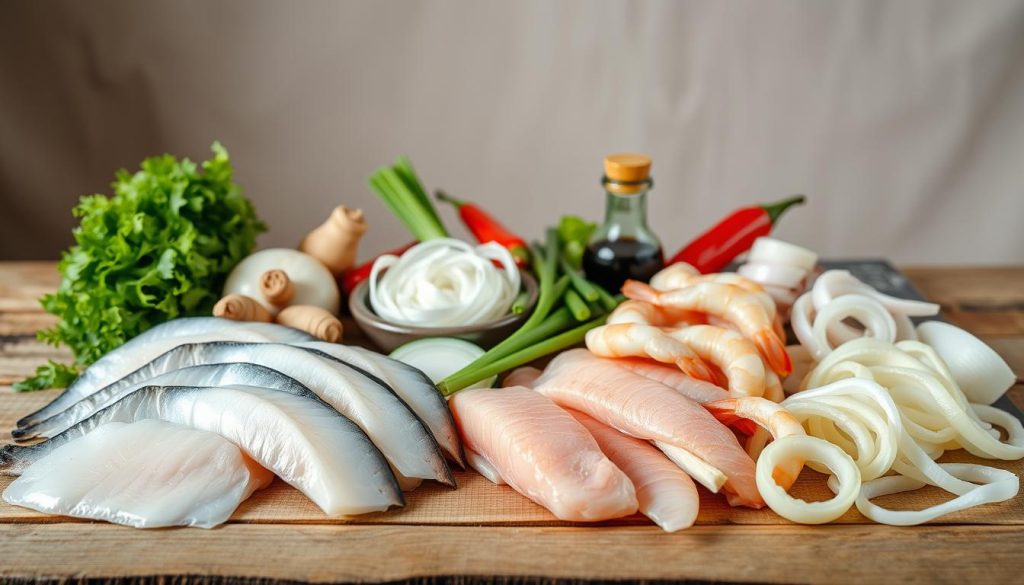 A still life composition of the ingredients for a traditional Korean fish stew (Hoe) on a rustic wooden table. In the foreground, a variety of fresh seafood such as sliced raw fish, shrimp, and squid are arranged artfully. In the middle ground, a selection of vegetables like thinly sliced onions, ginger, and green onions are placed alongside Korean chili peppers and soy sauce. The background features a plain backdrop with soft, natural lighting to highlight the vibrant colors and textures of the ingredients. The overall scene conveys a sense of simplicity and culinary authenticity. Branding: "7fishing.com.ua"