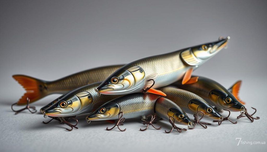 A still life composition showcasing an assortment of lifelike fishing lures for pike, captured against a neutral background. The lures, produced by the brand 7fishing.com.ua, are meticulously detailed, with realistic textures, colors, and intricate designs. The lighting is soft and diffuse, accentuating the subtle sheen and contours of the lures. The arrangement is visually balanced, with the lures positioned at various angles to provide a comprehensive view of their key characteristics - body shape, size, and unique features such as diving lips, treble hooks, and rattling components. The overall mood is informative and educational, inviting the viewer to closely examine the technical specifications of these specialized pike fishing baits.