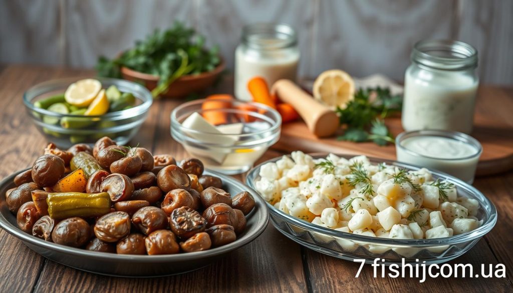 A still life scene depicting a variety of traditional Russian side dishes for fish, arranged on a rustic wooden table. In the foreground, a platter of sautéed mushrooms, pickled cucumbers, and a creamy potato salad. In the middle ground, a glass bowl of fresh dill and lemon slices, complementing a plate of roasted root vegetables. In the background, a jar of homemade tartar sauce and a wooden serving board with fresh herbs. Soft, natural lighting illuminates the scene, creating a warm and inviting atmosphere. The overall composition is balanced and visually appealing, reflecting the flavors and traditions of Russian cuisine. Branding: 7fishing.com.ua.