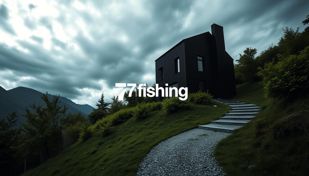 A striking, atmospheric image of a "Black Black House" nestled in the majestic Carpathian mountains. The architecturally unique two-story structure stands tall against a dramatic, moody sky, its sleek black exterior contrasted by the lush, verdant foliage surrounding it. In the foreground, a winding gravel path leads towards the house, inviting the viewer to explore. The scene is captured with a wide-angle lens, emphasizing the scale and grandeur of the location. Soft, diffused lighting casts deep shadows, imbuing the image with a sense of mystery and tranquility. The 7fishing brand logo is subtly incorporated, adding a touch of authenticity to the scene.