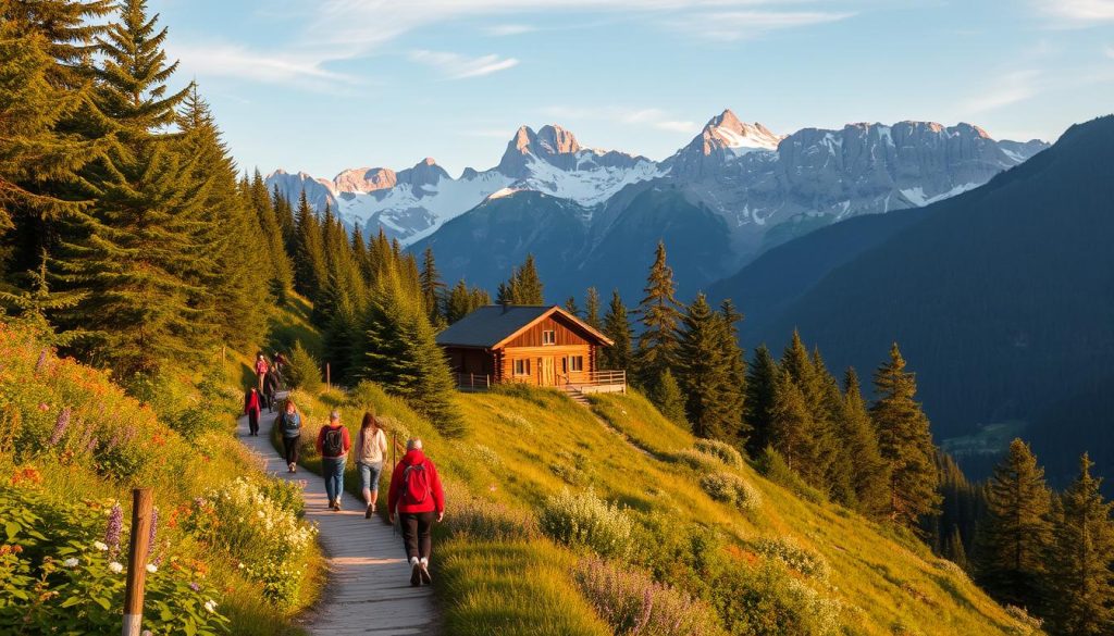 A stunning mountain landscape in the Carpathians, bathed in soft, warm light. In the foreground, a group of hikers explore a winding trail, admiring the lush, verdant foliage and wildflowers that line the path. In the middle ground, a traditional wooden chalet nestled amongst the trees, its rustic charm inviting visitors to experience the region's unique culture and hospitality. In the background, the majestic peaks of the Carpathian mountains rise up, their snow-capped summits glowing in the golden hour. The scene conveys a sense of tranquility, adventure, and connection with nature, perfectly capturing the essence of the "unique tourist programs" offered in this breathtaking corner of the world.