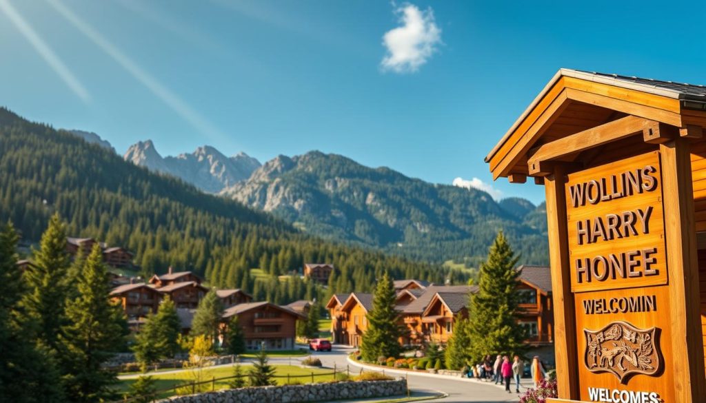 A stunning mountain resort nestled in the picturesque Carpathian landscape. Rugged peaks and verdant forests frame the scene, with a collection of cozy wooden lodges and traditional cottages dotting the hillsides. Guests can be seen enjoying a range of outdoor activities, from hiking and mountain biking to skiing and snowboarding. The warm, earthy tones of the architecture blend seamlessly with the natural surroundings, creating a serene and inviting atmosphere. Diffused sunlight filters through the canopy, casting a gentle glow over the entire complex. An intricately carved wooden sign stands at the entrance, welcoming visitors to this premier tourist destination in the Carpathian mountains.
