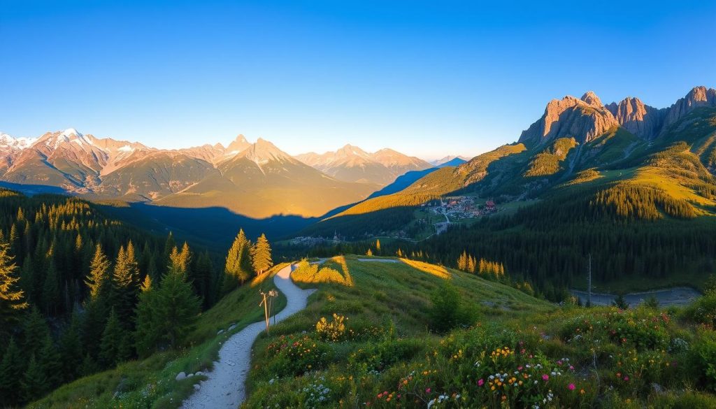 A stunning panoramic landscape of the Carpathian Mountains, captured with a wide-angle lens. In the foreground, a winding hiking trail meanders through verdant forests, dotted with colorful wildflowers. The middle ground features rugged, snow-capped peaks that rise majestically against a clear, azure sky, casting long shadows across the rolling hills. In the distance, a series of picturesque mountain villages nestle among the peaks, their traditional wooden architecture and church steeples visible. The scene is illuminated by warm, golden sunlight, creating a sense of tranquility and adventure, perfectly capturing the essence of a Carpathian hiking tour.