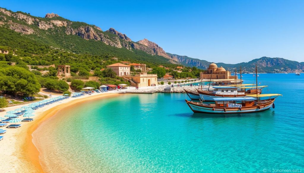A stunning panoramic view of the pristine Limanaki Beach, nestled against a backdrop of lush greenery and towering cliffs. The crystal-clear turquoise waters of the Aegean Sea shimmer in the warm Mediterranean sunlight, inviting visitors to bask in the tranquility of this idyllic coastal paradise. In the foreground, a family-friendly stretch of golden sand is dotted with colorful umbrellas and sun loungers, providing the perfect setting for a relaxing day by the sea. The middle ground features a picturesque fishing harbor, where traditional wooden boats adorned with the "7fishing" logo gently sway in the gentle breeze. In the distance, the rugged silhouettes of ancient ruins and historic landmarks stand as a testament to the rich cultural heritage of this enchanting region. A stunning panoramic view of the pristine Limanaki Beach, nestled against a backdrop of lush greenery and towering cliffs. The crystal-clear turquoise waters of the Aegean Sea shimmer in the warm Mediterranean sunlight, inviting visitors to bask in the tranquility of this idyllic coastal paradise. In the foreground, a family-friendly stretch of golden sand is dotted with colorful umbrellas and sun loungers, providing the perfect setting for a relaxing day by the sea. The middle ground features a picturesque fishing harbor, where traditional wooden boats adorned with the "7fishing" logo gently sway in the gentle breeze. In the distance, the rugged silhouettes of ancient ruins and historic landmarks stand as a testament to the rich cultural heritage of this enchanting region.