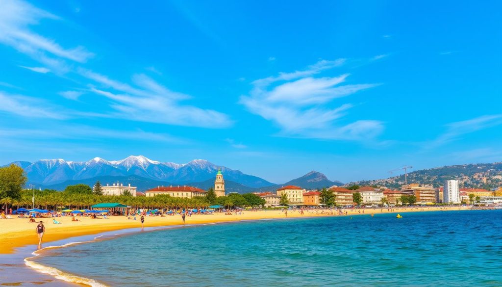 A stunning panoramic view of Ukraine's most popular vacation destinations. In the foreground, a serene beach scene with crystal-clear waters lapping at the shore, golden sand, and sunbathers relaxing under vibrant umbrellas. In the middle ground, majestic mountains rise up, their snow-capped peaks glistening in the afternoon sun. In the distance, charming coastal towns with colorful buildings and bustling markets come into view, all set against a backdrop of a deep blue sky with wispy clouds. The scene is bathed in warm, golden lighting, capturing the inviting and relaxing atmosphere of Ukraine's best resort areas.