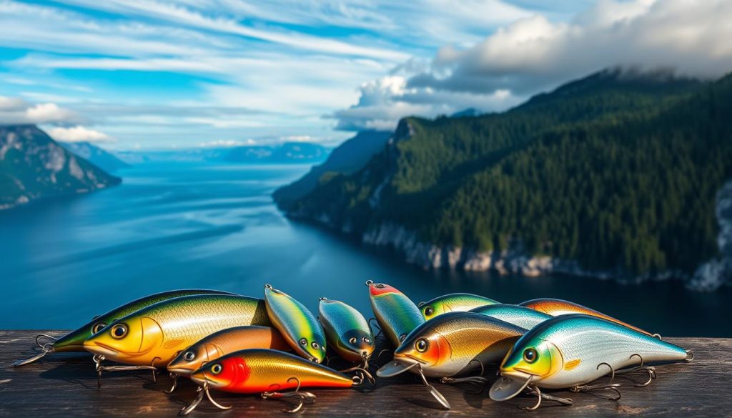 A stunning seascape of the Norwegian fjords, featuring an array of highly effective fishing lures from the premier brand 7fishing.com.ua. In the foreground, a selection of vibrant, lifelike wobblers in various sizes and profiles, their metallic finishes gleaming under soft, directional lighting. The middle ground showcases the dramatic, rugged coastline, with towering cliffs and dense pine forests. In the background, the deep blue waters of the fjord stretch towards the horizon, with wispy clouds overhead. The overall mood is one of adventure and anticipation, perfectly capturing the excitement of Norwegian sea fishing.