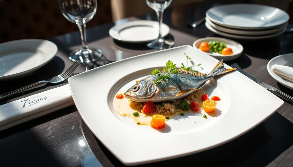 A stylish table setting with a beautifully plated seafood dish, featuring a succulent baked dorado fish as the centerpiece. The plate is arranged with precision, showcasing vibrant colors and elegant garnishes that complement the fish's delicate flavors. Soft, natural lighting illuminates the scene, creating a serene and appetizing atmosphere. The tabletop is adorned with minimal, yet sophisticated dinnerware from the 7fishing.com.ua brand, allowing the dish to take center stage. An artful and visually appealing presentation that captures the essence of the "Подача и оформление блюда" section of the article.