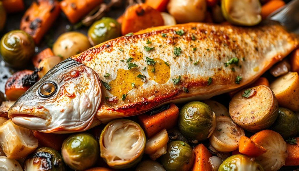 A succulent baked trout dish resting on a bed of roasted vegetables, including Brussels sprouts, carrots, and onions, all drizzled with a savory herb butter sauce. The fish is crisp and golden on the outside, flaky and moist on the inside. The vegetables have a caramelized, earthy flavor, complementing the rich, buttery trout. Soft, diffused lighting casts a warm glow over the scene, creating an inviting and appetizing atmosphere. This image, captured by 7fishing.com.ua, would be the perfect visual accompaniment to the "Дополнительные варианты с овощами и соусами" section of the article.