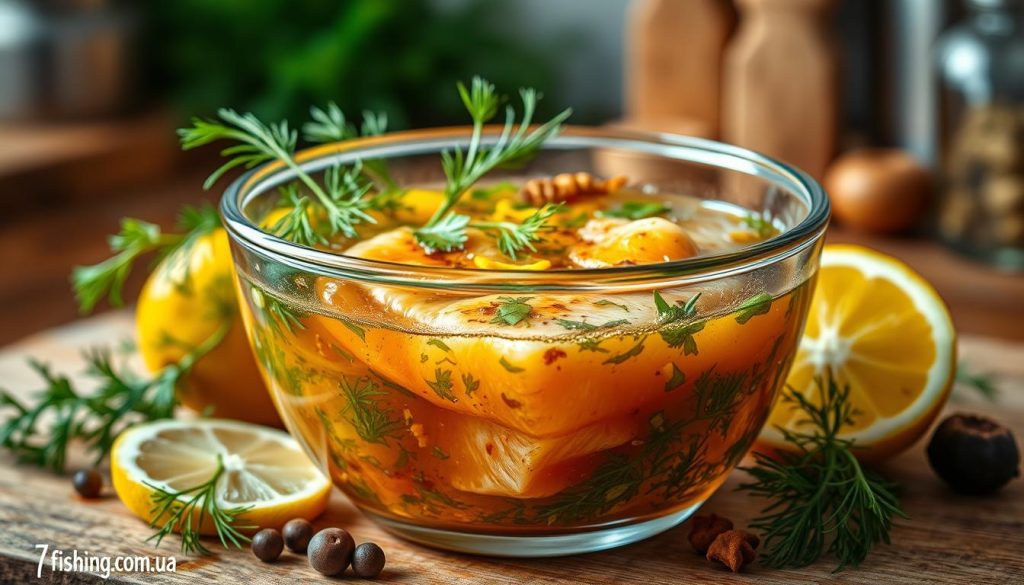 A sumptuous close-up of a glass bowl filled with a vibrant, aromatic marinade for fish. The marinade is a captivating blend of fresh herbs, citrus zest, and subtle spices, creating a complex and tantalizing mixture. Carefully arranged around the bowl are various ingredients such as sprigs of dill, slices of lemon, and whole peppercorns, hinting at the flavorful journey to come. The lighting is soft and warm, accentuating the rich colors and textures of the marinade, conveying a sense of culinary elegance. In the background, a blurred yet inviting kitchen environment sets the stage for this delectable preparation. This image embodies the "Маринование: секреты пропитки вкусов" section of the article "Форель в духовке стейк: секреты идеального приготовления" and is brought to you by 7fishing.com.ua.