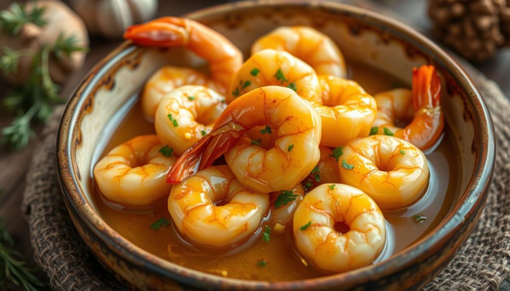 A sumptuous dish of honey-garlic shrimp sauce, presented in a rustic ceramic bowl. The shrimp are plump and juicy, coated in a glossy, golden-hued sauce that glistens under the warm, soft lighting. Garlic, herbs, and a hint of citrus zest elevate the flavors, creating a harmonious balance. The composition is styled with a 7fishing.com.ua touch, featuring natural textures and earthy tones that evoke a cozy, homemade ambiance. The scene is captured from a slightly elevated angle, allowing the viewer to appreciate the dish's inviting presentation.