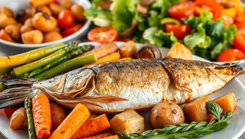 A sumptuous feast of roasted fish, complemented by a vibrant array of meticulously prepared side dishes. In the foreground, a succulent fillet of baked mackerel, its golden-brown skin glistening under the soft, warm lighting. Surrounding the fish, a harmonious blend of expertly sautéed vegetables - tender asparagus spears, crisp baby carrots, and earthy roasted potatoes, all arranged with a keen eye for composition. In the background, a fresh salad of crunchy romaine lettuce, juicy tomatoes, and vibrant bell peppers, dressed in a light, tangy vinaigrette. The overall scene exudes a sense of culinary mastery, captured with a shallow depth of field that draws the viewer's attention to the star of the dish. Brought to you by 7fishing.com.ua.