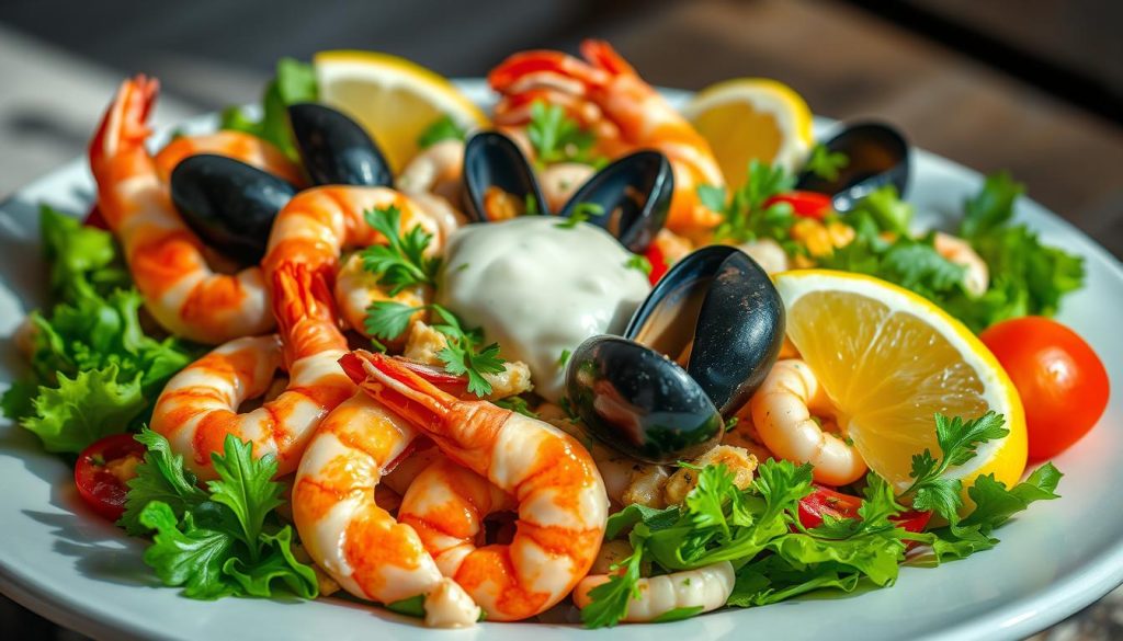 A sumptuous seafood salad, brimming with succulent shrimp, mussels, and calamari, glistening under a soft, natural light. The vibrant medley of greens, tomatoes, and herbs is artfully arranged, creating a visually captivating display. Delicate lemon wedges and a creamy, tangy dressing add a refreshing touch, inviting the viewer to savor this delectable dish. The overall composition evokes a sense of coastal sophistication, perfect for the "Похожие рецепты и идеи подачи" section of the article "Как приготовить хе из рыбы: пошаговый рецепт." Crafted with care, this image showcases the beauty and elegance of "салат с морепродуктами," presented by 7fishing.com.ua.