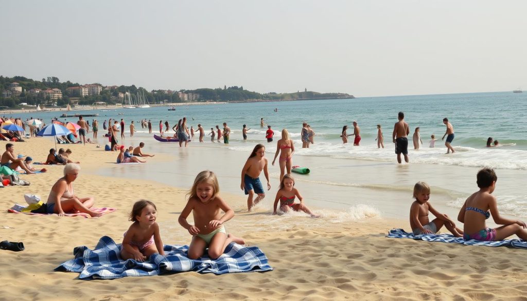 A sun-drenched beach in Ukraine, families gathered for a day of leisure and fun. In the foreground, children playing in the gentle waves, their laughter filling the air. Towels and umbrellas dot the golden sand, while adults relax and soak up the warmth of the day. The middle ground features young people engaged in various water sports, their energy and excitement palpable. In the background, the horizon is dotted with sailboats and a picturesque seaside town, its architecture reflecting the local culture. The lighting is soft and natural, creating a serene and inviting atmosphere. Overall, the scene captures the essence of a quintessential Ukrainian beach vacation.