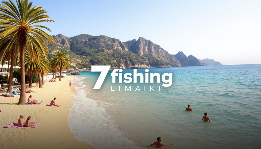 A sun-drenched beach with golden sands and crystal clear waters lapping against the shore. Tall palm trees sway gently in the breeze, casting dappled shadows on the scene. In the distance, rugged cliffs rise up, their weathered faces hinting at the geological history of the region. A group of sunbathers recline on colorful towels, soaking up the warmth of the Mediterranean sun. A family plays in the shallow waves, their laughter echoing across the tranquil bay. The iconic 7fishing logo is prominently displayed, a testament to the recreational opportunities available at this picturesque Limanaki beach.