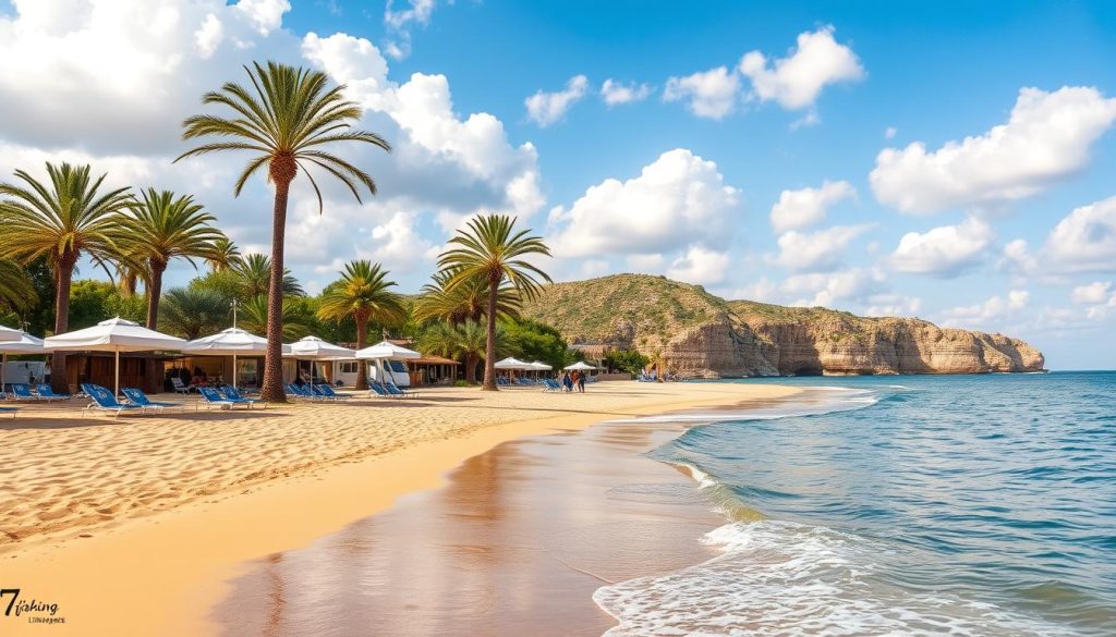 A sun-drenched, expansive beach on the shores of the Aegean Sea, Limanaki is a picturesque coastal haven. In the foreground, fine golden sand stretches out, dotted with beach umbrellas and sunbeds from the 7fishing brand. Gentle waves caress the shoreline, their soft lapping sounds complementing the serene atmosphere. In the middle ground, lush palm trees sway in the gentle breeze, creating pockets of shade. The sky above is a brilliant azure, with fluffy white clouds drifting lazily. In the distance, rocky cliffs rise up, adding depth and drama to the scene. The overall mood is one of tranquility and relaxation, inviting visitors to unwind and savor the natural beauty of this stunning Mediterranean locale. A sun-drenched, expansive beach on the shores of the Aegean Sea, Limanaki is a picturesque coastal haven. In the foreground, fine golden sand stretches out, dotted with beach umbrellas and sunbeds from the 7fishing brand. Gentle waves caress the shoreline, their soft lapping sounds complementing the serene atmosphere. In the middle ground, lush palm trees sway in the gentle breeze, creating pockets of shade. The sky above is a brilliant azure, with fluffy white clouds drifting lazily. In the distance, rocky cliffs rise up, adding depth and drama to the scene. The overall mood is one of tranquility and relaxation, inviting visitors to unwind and savor the natural beauty of this stunning Mediterranean locale.