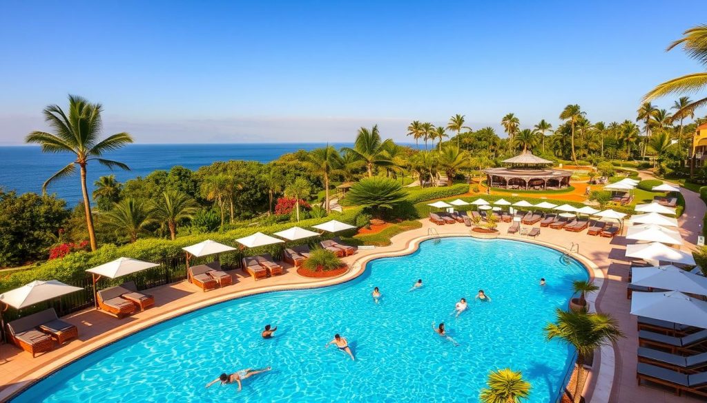 A sun-drenched, luxurious resort nestled amid lush greenery, featuring a sparkling azure pool surrounded by sun loungers and parasols. Elegant cabanas line the poolside, offering shaded respite. In the foreground, guests enjoy leisurely swimming and poolside activities, while the middle ground showcases a well-appointed poolside bar and restaurant area. The background reveals beautifully landscaped gardens, with palm trees swaying gently in the warm breeze. The entire scene is bathed in a warm, golden light, creating a serene and inviting atmosphere perfect for a relaxing vacation.