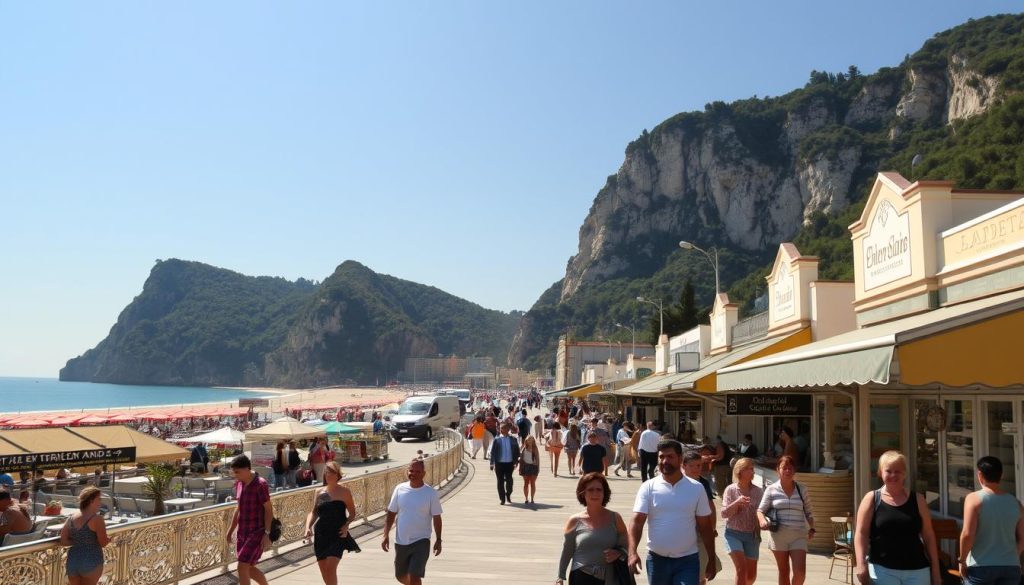 A sunny day at a bustling Bulgarian resort town, with the iconic golden sandy beaches and the Black Sea glistening in the distance. In the foreground, a group of tourists strolling along a scenic promenade, taking in the sights and sounds of the lively seaside atmosphere. The middle ground features a variety of local businesses, from charming cafes and restaurants to outdoor markets and souvenir shops, all catering to the needs of the visitors. The background is dominated by the towering cliffs and lush greenery of the surrounding landscape, creating a picturesque and inviting setting. The lighting is warm and natural, casting a golden glow over the entire scene and capturing the essence of the "Zlatni Pjasatsi" (Golden Sands) resort.