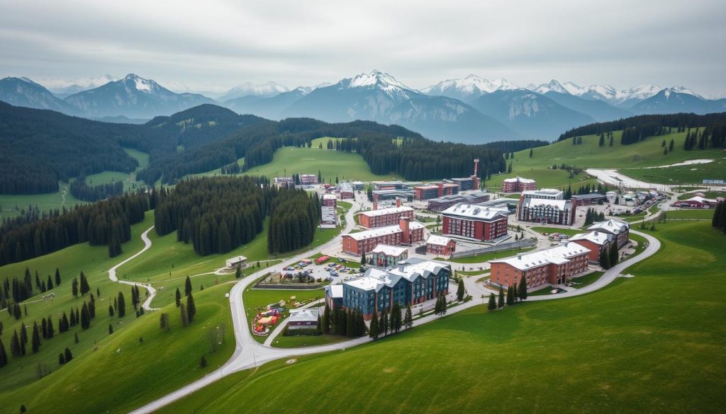 A sweeping aerial view of the Bukovel resort, nestled in the picturesque Carpathian Mountains. The lush green slopes and winding ski trails lead the eye towards the cluster of modern alpine-style buildings, their roofs dusted with a light layer of snow. In the foreground, a network of well-maintained roads and paths connect the various facilities, allowing for easy access and navigation. The middle ground features the resort's bustling central hub, complete with hotels, restaurants, and leisure amenities, all flanked by towering pine trees that sway gently in the crisp mountain breeze. In the distance, the imposing silhouettes of snow-capped peaks rise majestically, creating a dramatic backdrop that heightens the sense of isolation and tranquility. The image is illuminated by soft, diffused natural lighting, lending a serene and inviting atmosphere to the scene.
