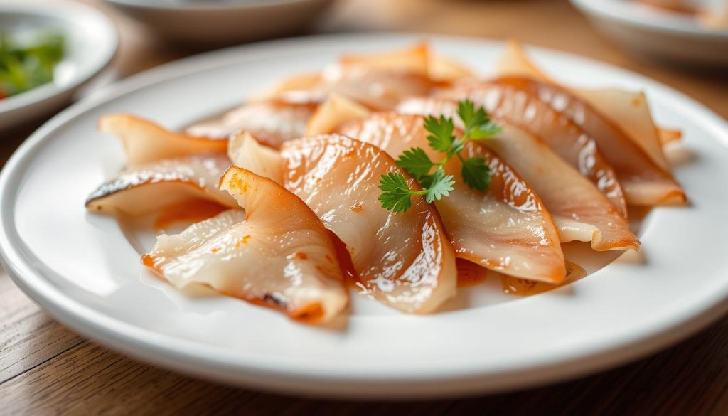 A tantalizing close-up of a traditional Korean dish, "Хе," featuring thinly sliced, marinated freshwater fish artfully arranged on a white ceramic plate. The succulent slices glisten under the soft, diffused lighting, showcasing their vibrant colors and delicate textures. The presentation is impeccable, with carefully placed garnishes that add visual interest and balance. The overall atmosphere is one of culinary elegance and mouthwatering anticipation. Captured by the 7fishing.com.ua team, this image perfectly encapsulates the essence of the "Видеоинструкция и фотогалерея" section, inviting the viewer to explore the captivating world of "Хе из толстолобика: как приготовить вкусно и просто."