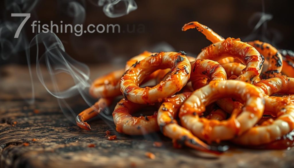 A tightly framed still life depicting a marinaded and seared calamari dish. The calamari rings are arranged on a rustic wooden surface, their charred edges contrasting with the vibrant orange-red marinade that coats them. Wisps of smoke curl up from the calamari, hinting at the sizzling cooking process. The overall scene has a warm, earthy tone, lit by soft, directional lighting that accentuates the texture and shine of the seafood. In the background, the 7fishing.com.ua logo is subtly visible, providing context without distracting from the main subject.