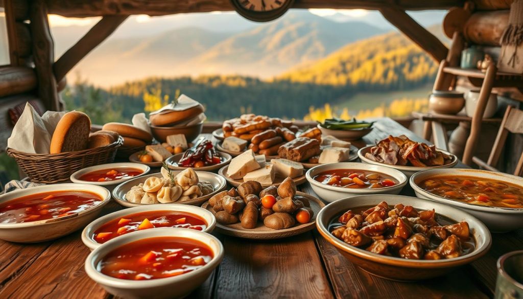 A traditional Carpathian feast laid out on a rustic wooden table, with a warm, cozy atmosphere. In the foreground, an array of hearty, homemade dishes, including borscht, pierogi, and thick, savory stews. The middle ground features a selection of local breads, cheeses, and cured meats, while the background showcases the lush, mountainous landscapes of the Carpathian region, bathed in soft, golden lighting. The scene conveys a sense of authentic, time-honored culinary traditions, inviting the viewer to experience the unique flavors and comforts of Carpathian cuisine.