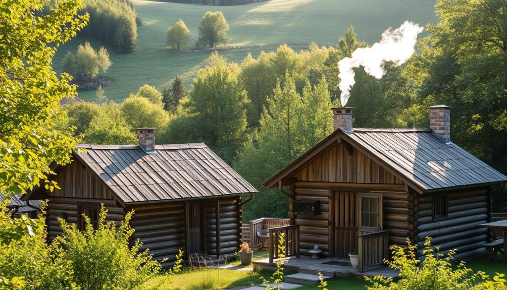 A traditional rural bathhouse complex nestled in the lush, rolling hills of Zakarpattia. Wooden structures with charming peaked roofs stand amidst verdant foliage, their weathered facades exuding a rustic, timeless appeal. Wispy steam escapes from the sauna's chimney, hinting at the rejuvenating rituals within. Sunlight filters through the trees, casting a warm, golden glow over the tranquil scene. Visitors can relax and unwind in these time-honored sanctuaries, immersed in the natural beauty of the Carpathian countryside.