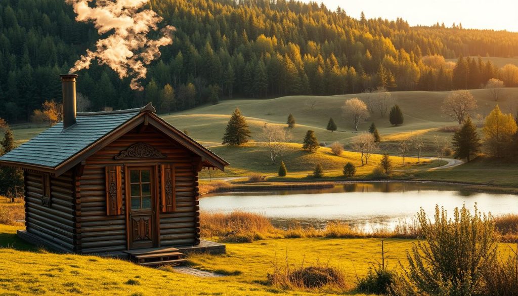 A traditional Russian banya nestled in a lush, verdant landscape of the Kyiv region. The wooden structure, with its intricate carvings and large windows, stands in the foreground, inviting visitors to experience the rich cultural heritage of the area. Wispy steam billows from the chimney, hinting at the soothing, purifying rituals that take place within. The middle ground features a tranquil pond, its still waters reflecting the banya's warm, earthy tones. In the background, rolling hills dotted with birch trees and evergreens create a serene, pastoral scene, evoking a sense of calm and connection with nature. Warm, golden lighting filters through the windows, casting a cozy, inviting glow over the entire composition.