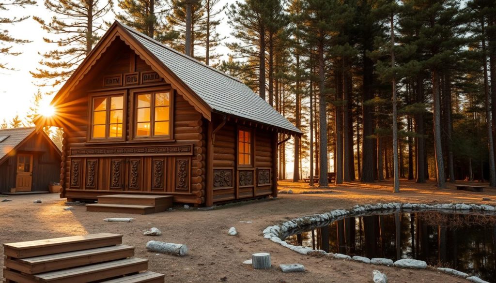A traditional Russian-style wooden sauna, known as a "chan-banya", nestled in a serene forest clearing. The structure features intricately carved exterior panels and a steep, peaked roof, exuding a rustic, timeless charm. Warm, golden light filters through the windows, casting a cozy glow upon the surroundings. The foreground showcases a wooden staircase leading up to the entrance, while the middle ground reveals a tranquil pond reflecting the sauna's silhouette. In the background, towering pine trees sway gently, creating a peaceful, natural ambiance. This image captures the essence of the traditional banya experience found in the Poltava region of Ukraine.