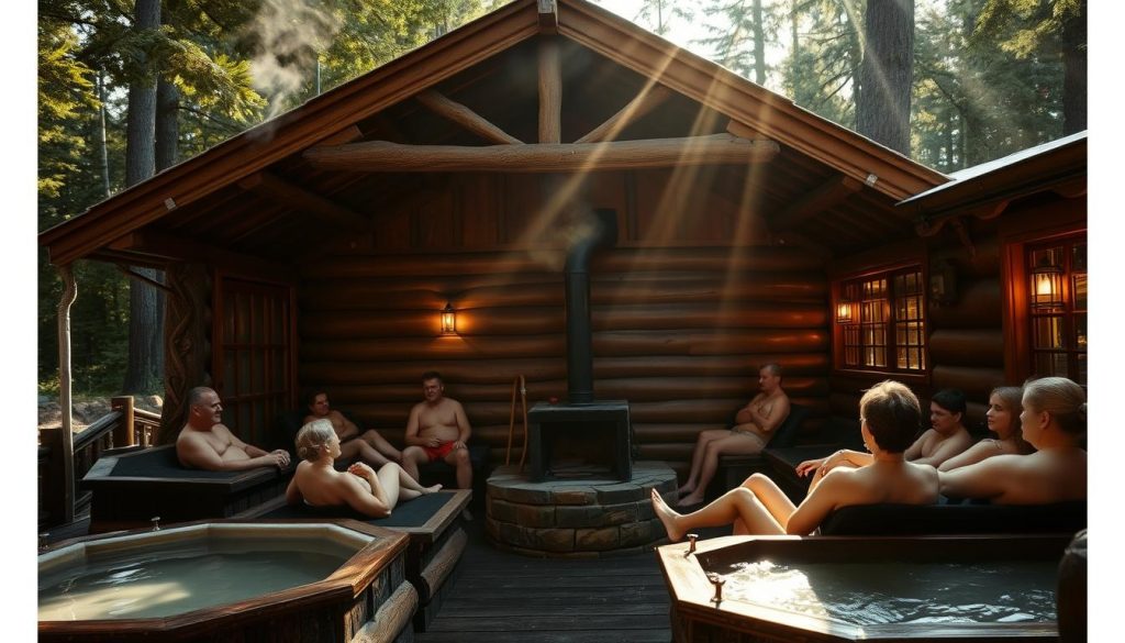 A traditional Russian wooden bathhouse, or "banya", nestled in a lush, forested landscape. The exterior features intricate carvings and a steeply pitched roof, with wisps of steam curling from the chimney. The interior is dimly lit, with a central masonry stove radiating warmth. Bathers recline on wooden benches, their skin flushed from the intense heat, as they enjoy the therapeutic benefits of the banya's dry, aromatic heat and cooling plunge pools. Shafts of sunlight filter through the windows, casting a warm, golden glow on the scene. The overall atmosphere is one of relaxation, purification, and ancient tradition.