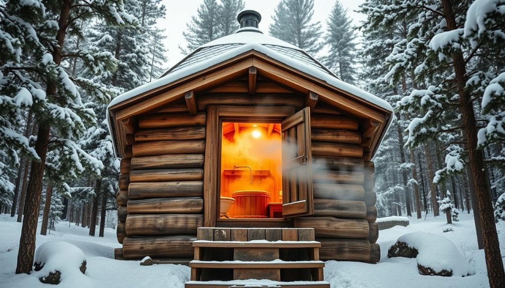 A traditional wooden Russian banya nestled amidst a snowy forest landscape, the steam from the hot rocks inside billowing out through the open door, casting a warm, inviting glow. The banya is constructed of sturdy, weathered logs, with a distinctive domed roof and a simple wooden staircase leading up to the entrance. The surrounding pine trees are dusted with a fresh layer of snow, creating a serene and peaceful atmosphere. The image is captured from a low angle, emphasizing the rustic, earthy nature of the banya and its integration with the natural environment.