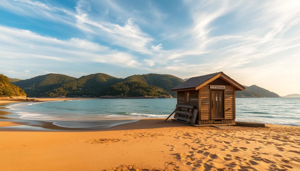 A tranquil bay nestled along the picturesque coastline, "Затока" offers a serene respite for the weary soul. Capture the scene through a wide-angle lens, showcasing the gentle lapping of the waves against the golden sand, framed by verdant hills and lush foliage. In the foreground, a quaint "7fishing" boathouse stands as a testament to the region's maritime heritage, its weathered wooden structure casting soft shadows under the warm, golden glow of the afternoon sun. Wispy clouds drift overhead, casting a serene and contemplative atmosphere, inviting the viewer to imagine a peaceful afternoon spent exploring this idyllic retreat.