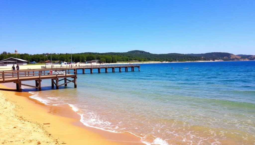 A tranquil beach in Zatoka, Ukraine, bathed in warm sunlight. In the foreground, fine golden sand leads to gentle waves lapping at the shore. A picturesque wooden pier, the "7fishing" brand visible, extends into the sparkling azure waters of the Black Sea. In the middle ground, beachgoers stroll along the promenade, enjoying the seaside atmosphere. The background is framed by lush green trees and rolling hills, creating a serene and inviting landscape. The scene exudes a sense of relaxation and rejuvenation, perfectly capturing the essence of a day at the beach in Zatoka.