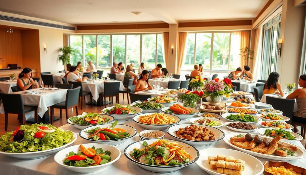 A tranquil dining hall in a wellness resort, filled with an abundance of healthy, delectable dishes. The space is bathed in warm, natural lighting, with large windows overlooking a serene garden. Crisp white tablecloths, elegant place settings, and fresh floral accents create an inviting, sophisticated ambiance. In the foreground, an array of vibrant salads, steamed vegetables, lean protein options, and artfully plated desserts tempt the senses. In the middle ground, guests seated at the tables engage in cheerful conversation, savoring the nutritious, wellness-focused fare. The background features a modern, airy interior design with clean lines and soothing natural tones, reflecting the resort's commitment to holistic well-being.