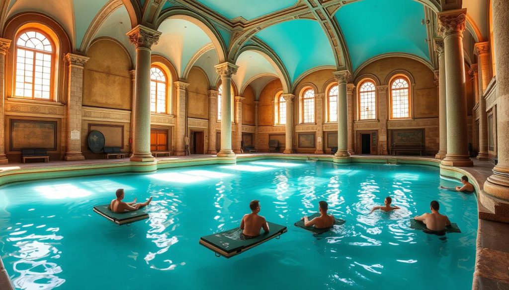 A tranquil indoor pool nestled within the historic baths of Poltava Oblast, Ukraine. Sunlight filters through tall windows, casting a warm glow on the pristine aqua-blue waters. Ornate stone columns and arched ceilings lend an air of timeless elegance. Bathers relax on submerged benches, enjoying the soothing, mineral-rich waters. The atmosphere is serene and rejuvenating, inviting visitors to unwind and immerse themselves in the region's rich bathing culture.