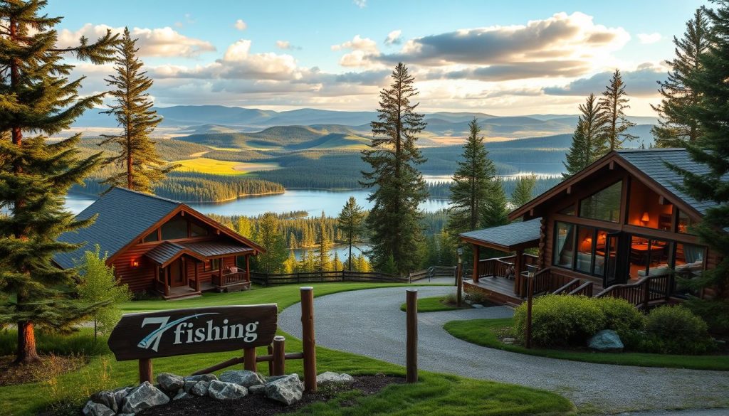 A tranquil, nature-inspired retreat with cozy, well-appointed cabins and suites, bathed in warm, golden lighting and surrounded by lush, verdant landscapes. Sweeping vistas of rolling hills, serene lakes, and towering pine trees create a calming, restorative atmosphere. The cabins feature large, panoramic windows that frame the picturesque scenery, inviting guests to relax and unwind. Charming, rustic-chic decor enhances the immersive, outdoor-centric experience. In the foreground, a 7fishing sign marks the entrance to this haven of comfort and relaxation.
