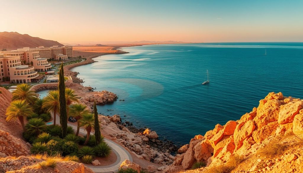 A tranquil oasis nestled along the shores of the Dead Sea, with azure waters gently lapping against the rocky coastline. Majestic hotels stand tall, their modern architecture seamlessly blending with the rugged desert landscape. Lush gardens and palm trees provide a verdant contrast, inviting guests to indulge in rejuvenating spa treatments and mineral-rich mud baths. Warm, golden sunlight bathes the scene, casting a serene, therapeutic atmosphere as bathers float effortlessly, absorbing the soothing, therapeutic properties of the mineral-rich waters. Stunning vistas of the surrounding hills and the distant, hazy mountains complete the picturesque setting, creating an oasis of tranquility and relaxation for Israeli travelers seeking a unique and revitalizing experience.