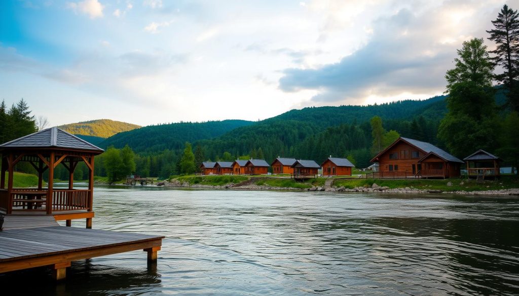 A tranquil riverside retreat nestled in the lush landscapes of Dnipropetrovsk Oblast. In the foreground, a wooden gazebo and sturdy dock extend over the gently flowing river, inviting visitors to relax and soak in the peaceful atmosphere. The middle ground features a cluster of cozy cabins and chalets, their rustic charm complementing the natural surroundings. In the background, verdant hills and forests create a serene, picturesque backdrop, bathed in the warm glow of golden-hour lighting. The overall scene evokes a sense of quiet respite, perfect for those seeking a rejuvenating getaway amidst the region's natural wonders.
