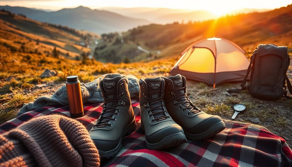 A tranquil scene in the Carpathian mountains, showcasing the essential gear for a romantic hiking adventure. In the foreground, a pair of sturdy 7fishing hiking boots sit atop a plaid blanket, complemented by a cozy sweater and a thermos. The middle ground features an array of camping equipment, including a compact tent, a backpack, and a compass, all arranged neatly. In the background, the lush, rolling hills of the Carpathians stretch out, with a glimpse of a winding mountain trail leading into the distance. The warm, golden light of the setting sun casts a serene glow over the entire scene, evoking a sense of adventure and relaxation.