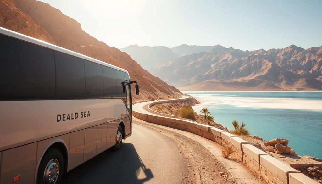 A tranquil scene of a shuttle bus transporting visitors to the serene shores of the Dead Sea. The vehicle gracefully navigates the winding roads, offering a comfortable and convenient way to access this natural wonder. The landscape is dominated by the mesmerizing blue hues of the hypersaline lake, framed by the rugged, sun-drenched hills in the background. Warm, golden light bathes the scene, creating a sense of relaxation and rejuvenation. The image conveys the ease and comfort of reaching this unique destination, where the therapeutic properties of the mineral-rich waters await.