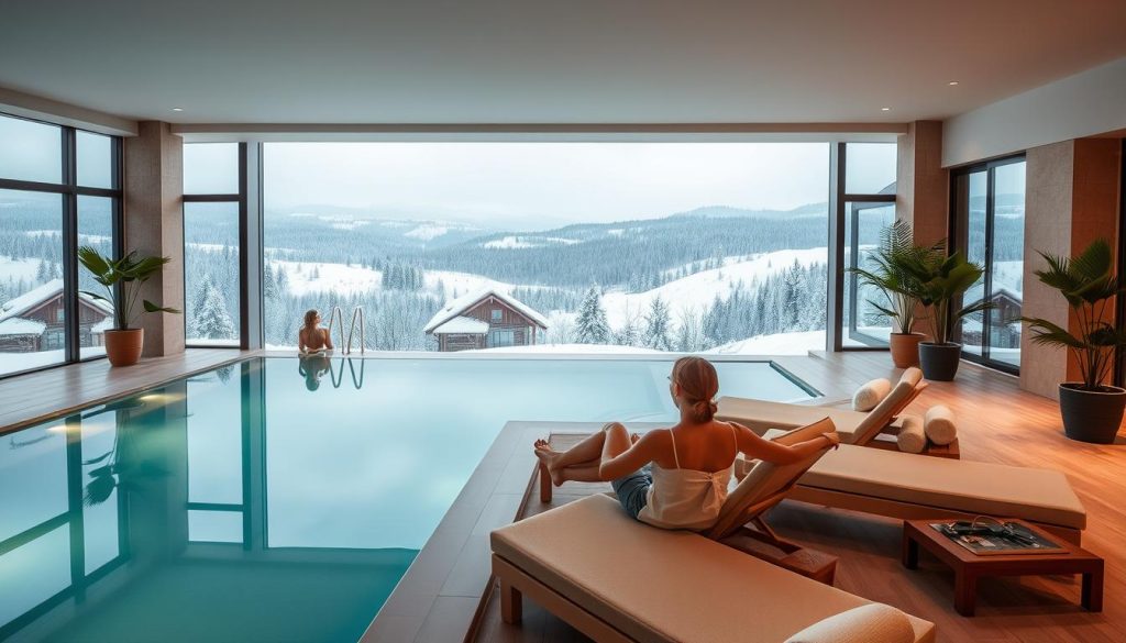 A tranquil, serene spa retreat set against the backdrop of a cozy, snow-dusted Ukrainian landscape. A luxurious indoor pool with crystal-clear waters, surrounded by plush lounge chairs and lush potted plants. Warm, ambient lighting casts a gentle glow, creating a soothing, relaxing atmosphere. In the foreground, a couple lounges poolside, enjoying the weekend getaway. The middle ground features a panoramic view of the spa's elegant, modern architecture, complemented by the rolling hills and forests in the distance. Crisp, clean lines, natural materials, and a harmonious color palette evoke a sense of tranquility and rejuvenation, perfectly reflecting the "Цены на спа-туры выходного дня" experience.