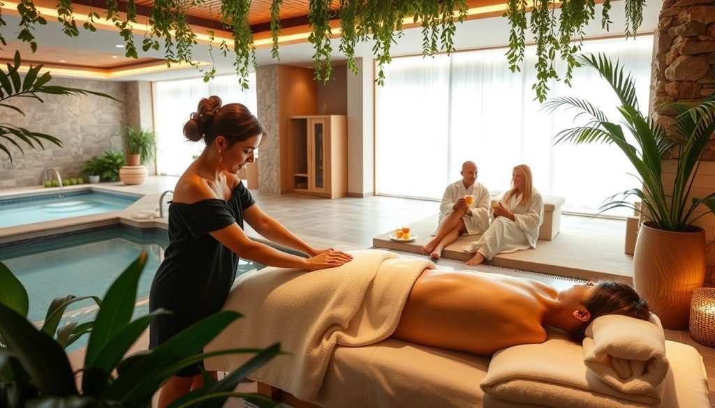 A tranquil spa setting with lush greenery and natural stone accents. In the foreground, a masseuse performs a soothing full-body massage on a client, using long, flowing strokes. In the middle ground, a couple relax in plush robes, enjoying herbal tea and fresh fruit in a cozy relaxation area. The background features a partially visible indoor pool, steam room, and sauna, all bathed in soft, diffused lighting creating a serene, restorative ambiance. The overall scene evokes a sense of rejuvenation and escape from the outside world.