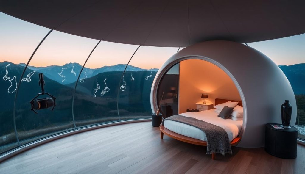 A unique and modern domed structure nestled in the serene Carpathian mountains, the 7fishing Skypod offers a one-of-a-kind glamping experience. Bathed in warm, diffused lighting, the smooth, spherical kupolu gently reflects the surrounding nature, creating an atmosphere of tranquility and harmony. Elegant yet minimalist in design, the structure features clean lines, high ceilings, and large panoramic windows that frame the breathtaking mountain vistas. Crafted with premium materials and attention to detail, this luxurious dome provides unparalleled comfort and a truly immersive connection with the captivating Carpathian landscape.