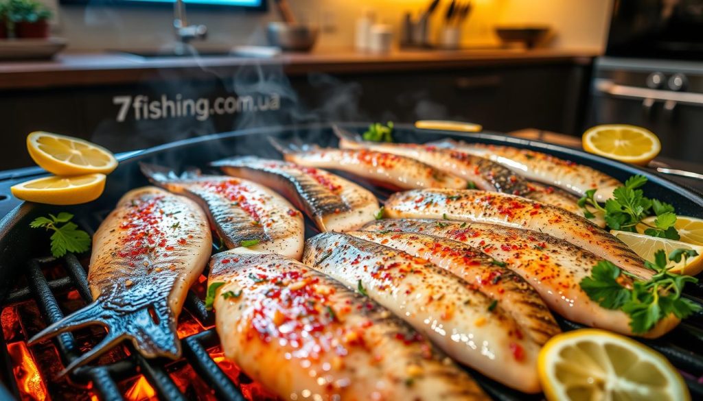 A variety of fresh and crisp zander fillets sizzling on a smoky grill, surrounded by aromatic herbs, lemon slices, and a delicate array of seasoning. The scene is illuminated by warm, golden lighting, casting a cozy and inviting atmosphere. In the background, a modern kitchen counter with the 7fishing.com.ua logo subtly displayed, showcasing an alternative method of preparing this versatile fish.