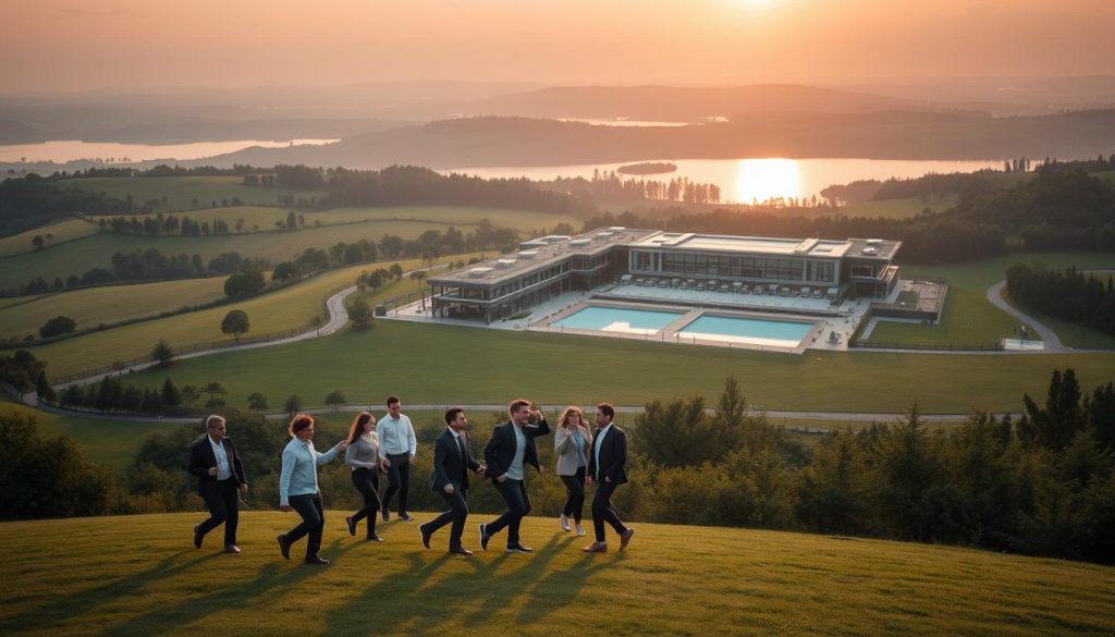 A vast, picturesque countryside complex nestled amidst lush greenery and rolling hills. In the foreground, a group of well-dressed corporate employees engage in dynamic team-building activities, their laughter and camaraderie echoing across the serene landscape. The middle ground showcases an elegant, modern event venue with sleek architecture and expansive terraces overlooking scenic vistas. In the background, a tranquil lake reflects the warm, golden hues of the setting sun, creating a serene and rejuvenating atmosphere perfect for a corporate retreat. Soft, diffused lighting and a shallow depth of field lend an air of professionalism and exclusivity to the scene.