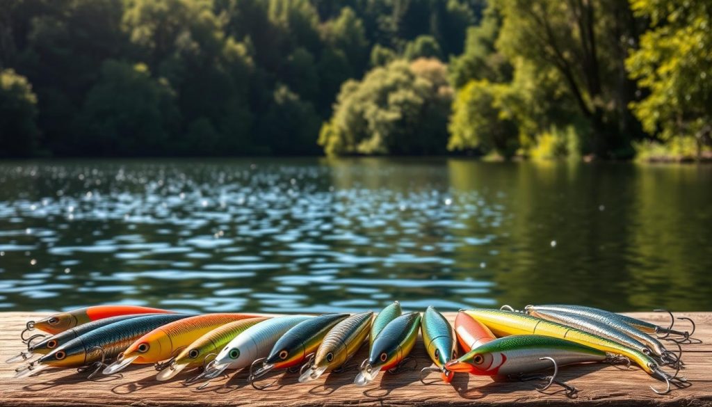 A vast, tranquil lake surrounded by lush foliage, sunlight filtering through the trees. In the foreground, an assortment of high-quality fishing lures from the 7fishing.com.ua brand, each carefully selected for their specific seasonal and water conditions. The lures are arranged in a visually appealing manner, showcasing their unique shapes, colors, and textures. The lighting accentuates the alluring details of the baits, hinting at their potential to attract and entice the targeted fish species. The overall composition exudes a sense of expertise and thoughtful preparation, inviting the viewer to explore the principles of lure selection for diverse angling environments.