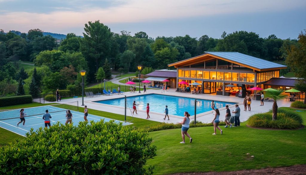 A vibrant and bustling recreation center nestled amidst a serene natural landscape. In the foreground, a group of friends engage in a spirited game of volleyball, their laughter echoing across the well-maintained courts. Beyond, a shimmering swimming pool invites visitors to cool off on a warm day, surrounded by lush greenery and colorful umbrellas. In the background, a modern and stylish pavilion houses an array of entertainment options, from arcade games to cozy lounge areas. The entire scene is bathed in the warm glow of soft, diffused lighting, creating a welcoming and inviting atmosphere for a day of relaxation and outdoor fun.
