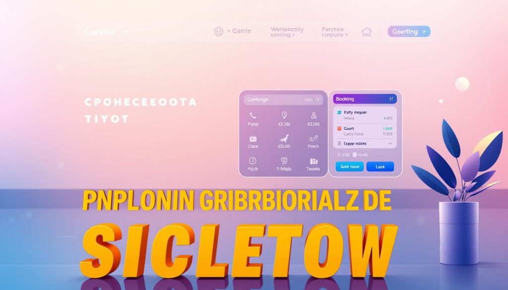 A vibrant and modern online ticket booking interface, featuring a sleek and intuitive design. The foreground showcases a large and prominent "Онлайн-бронирование билетов" text, displayed in a bold, eye-catching typeset. The middle ground depicts a clean, minimalist layout with intuitive booking options, user-friendly icons, and smooth transitions. The background sets a serene, tech-savvy atmosphere with soft, gradient-based colors and subtle, futuristic elements that evoke a sense of efficiency and convenience. The overall scene conveys the ease and accessibility of online ticket booking, effectively capturing the essence of the "Преимущества онлайн-сервиса при покупке билетов" section.